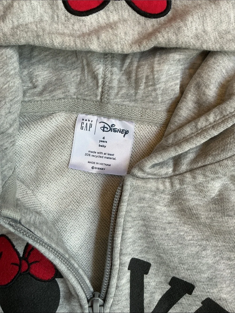🐭 Disney For Baby Gap Gray Minnie Mouse LOVE Hooded Jogger Set w/ Red Bow